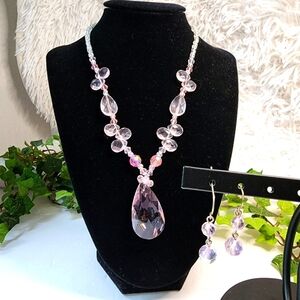 Pale Pink Glass Crystal BEAD necklace with Earrings Set